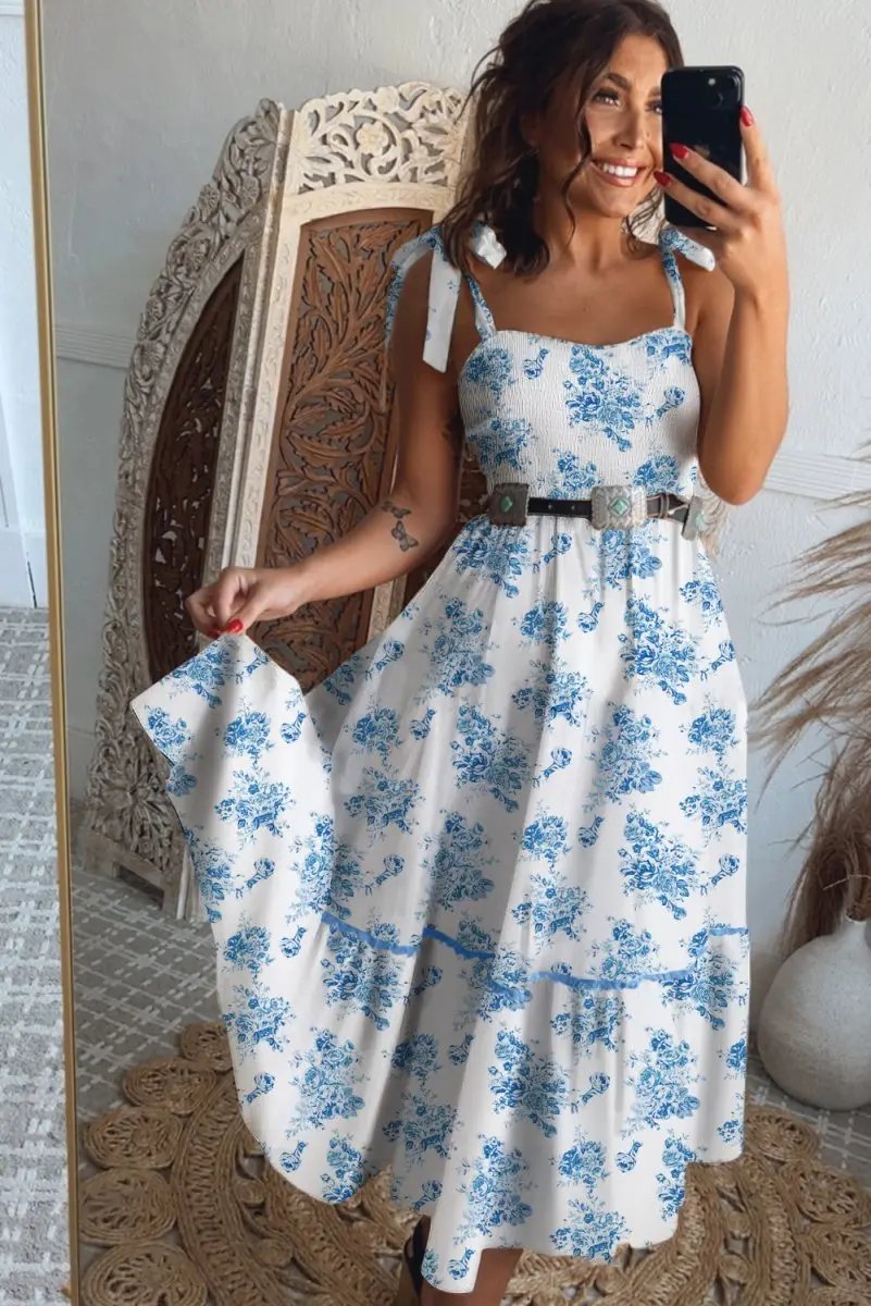 Sky Blue Floral Print Shirred Knot Shoulder Dress - Love Salve